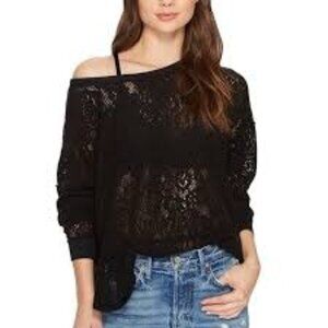 Free People S Black Lace Laser Cut Sweater  Top Oversize Peplum Drop Shoulder si